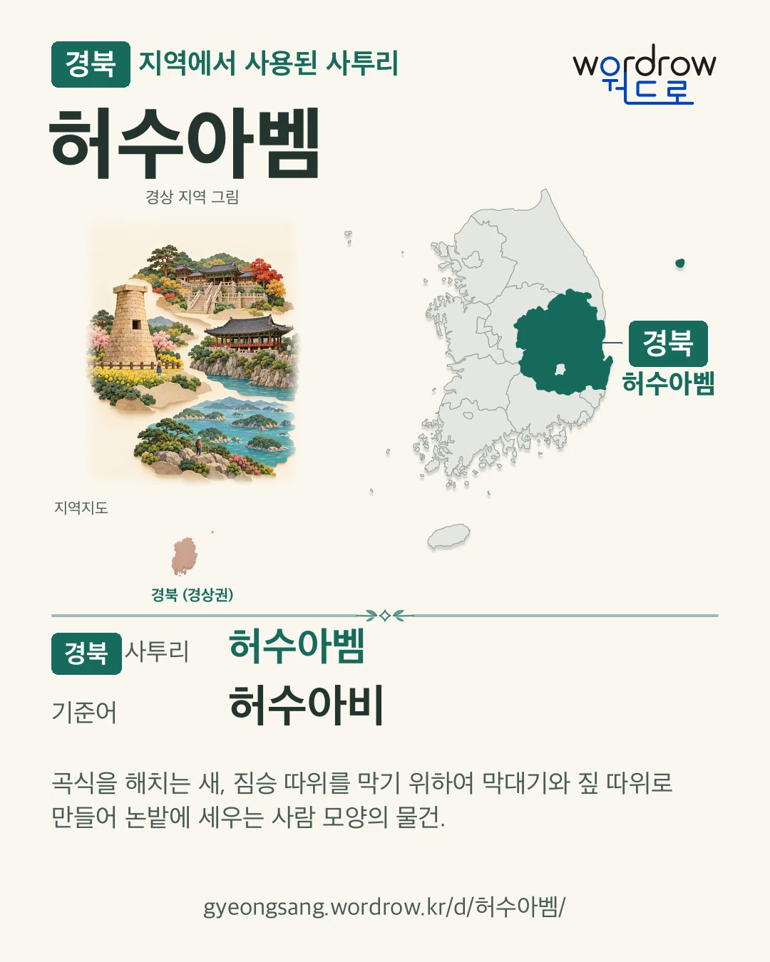 경북 지역에서 사용된 사투리 ‘허수아벰’. 기준어: 허수아비. 기록 지역을 표시한 지역 그림과 지도 카드.