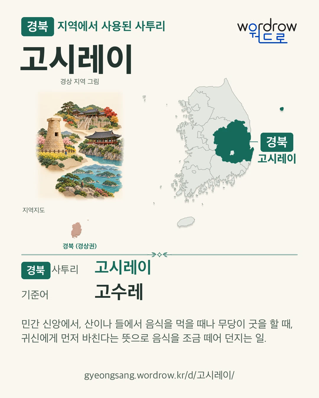 경북 지역에서 사용된 사투리 ‘고시레이’. 기준어: 고수레. 기록 지역을 표시한 지역 그림과 지도 카드.