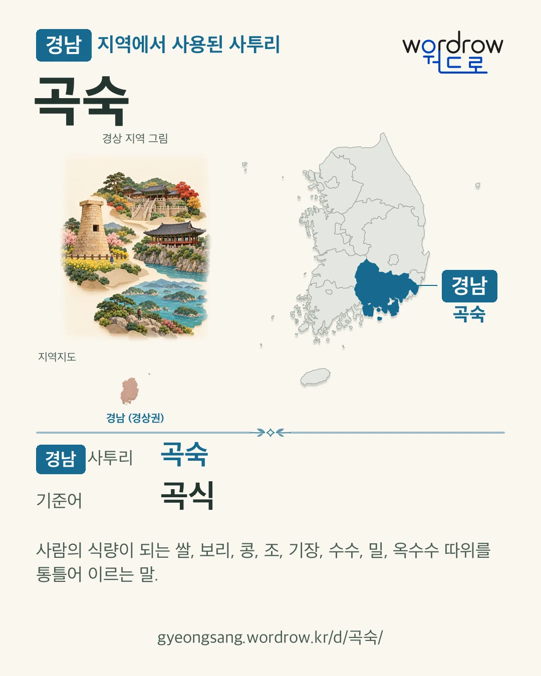 경남 지역에서 사용된 사투리 ‘곡숙’. 기준어: 곡식. 기록 지역을 표시한 지역 그림과 지도 카드.