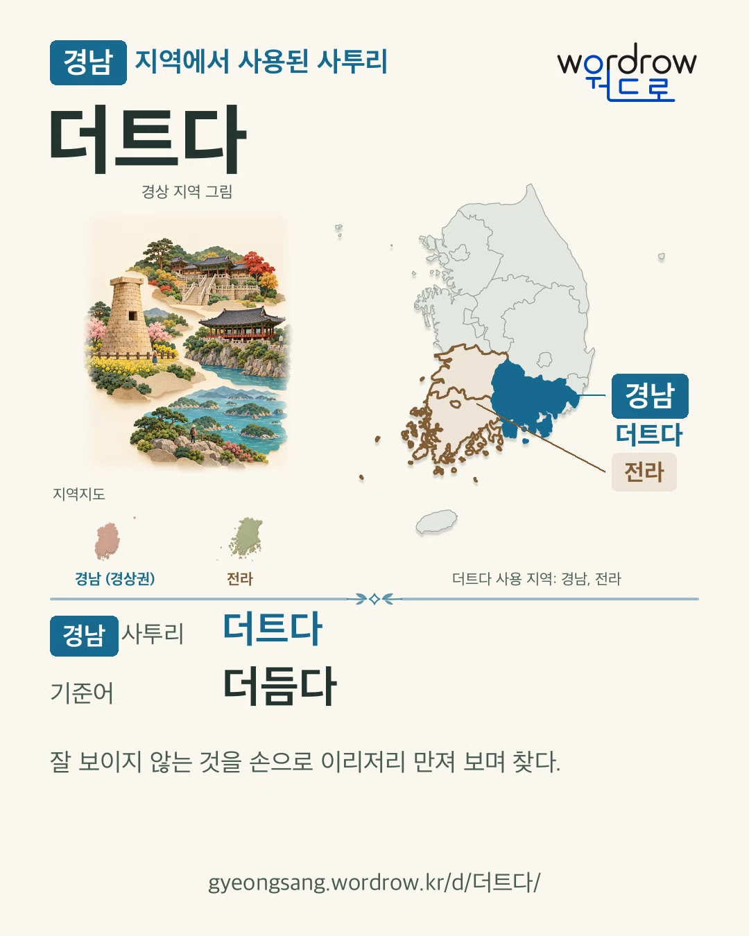 경남 지역에서 사용된 사투리 ‘더트다’. 기준어: 더듬다. 기록 지역을 표시한 지역 그림과 지도 카드.