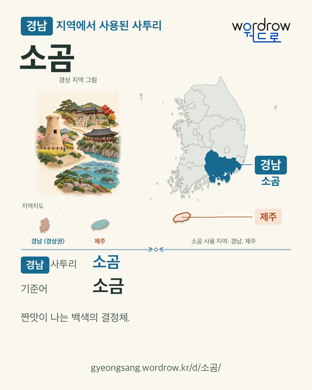 경남 지역에서 사용된 사투리 ‘소곰’. 기준어: 소금. 기록 지역을 표시한 지역 그림과 지도 카드.