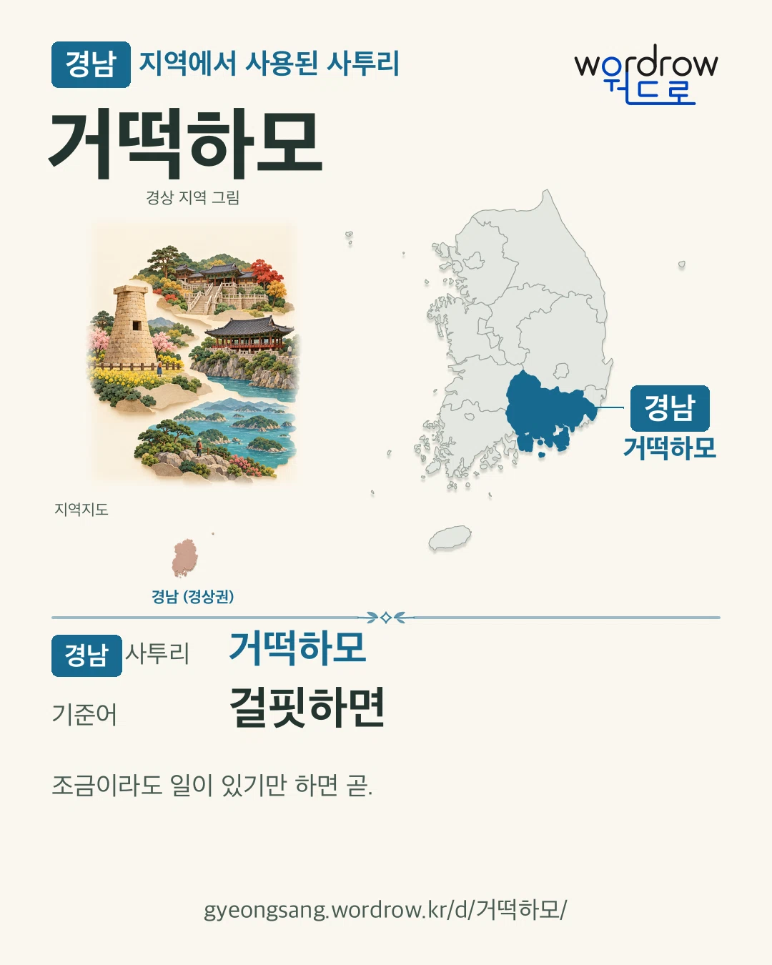 경남 지역에서 사용된 사투리 ‘거떡하모’. 기준어: 걸핏하면. 기록 지역을 표시한 지역 그림과 지도 카드.
