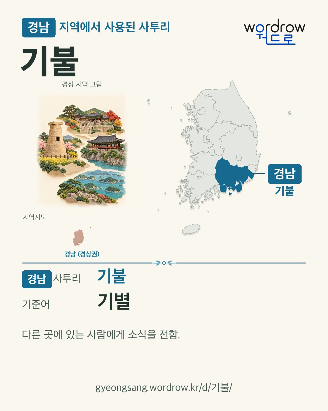 경남 지역에서 사용된 사투리 ‘기불’. 기준어: 기별. 기록 지역을 표시한 지역 그림과 지도 카드.