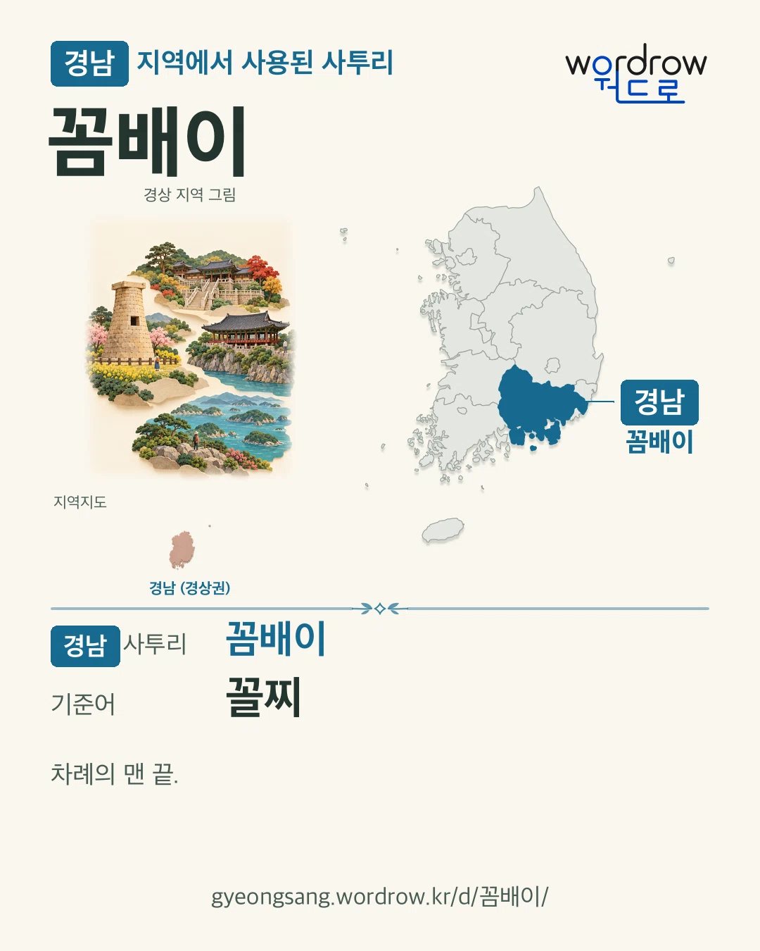 경남 지역에서 사용된 사투리 ‘꼼배이’. 기준어: 꼴찌. 기록 지역을 표시한 지역 그림과 지도 카드.
