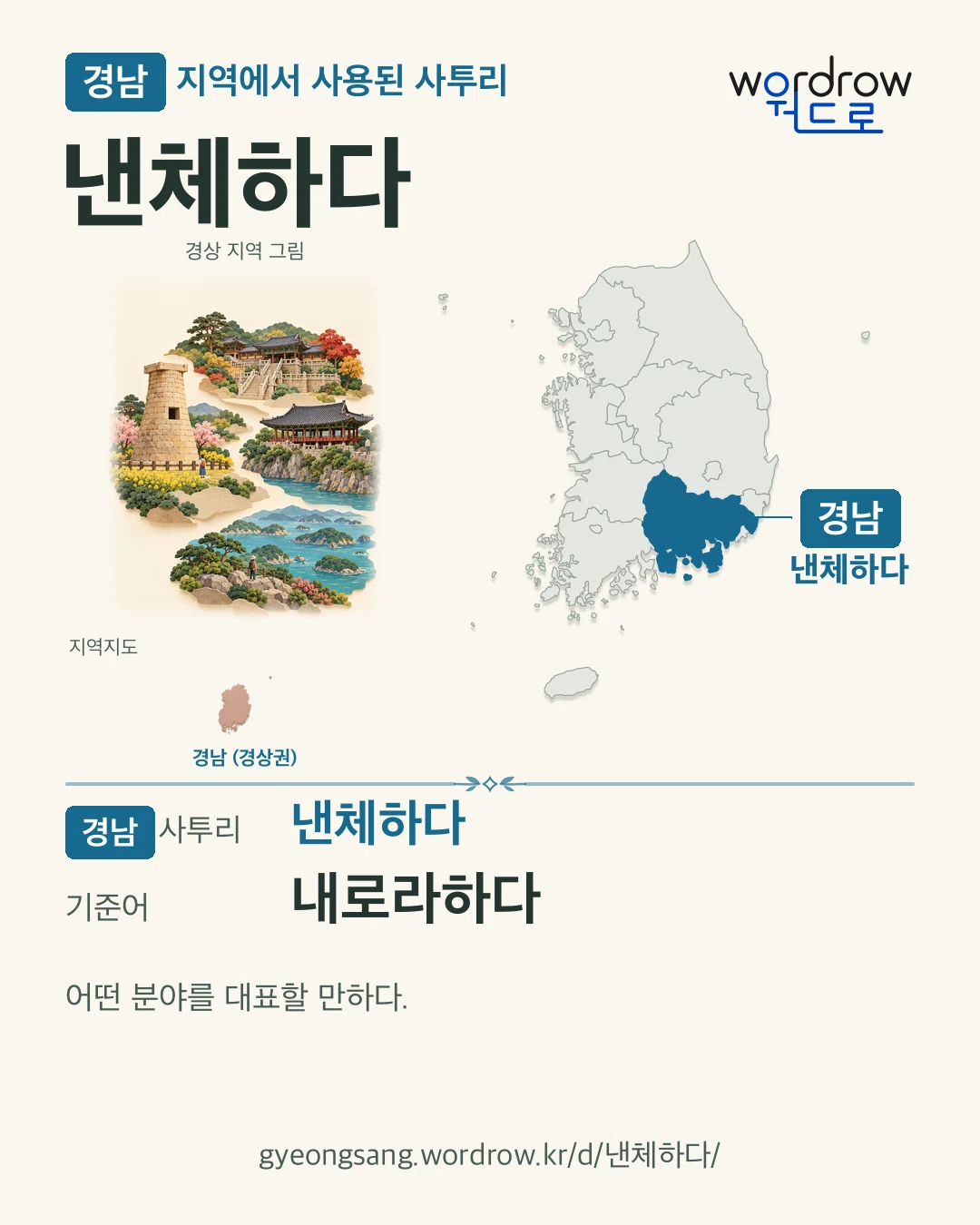경남 지역에서 사용된 사투리 ‘낸체하다’. 기준어: 내로라하다. 기록 지역을 표시한 지역 그림과 지도 카드.