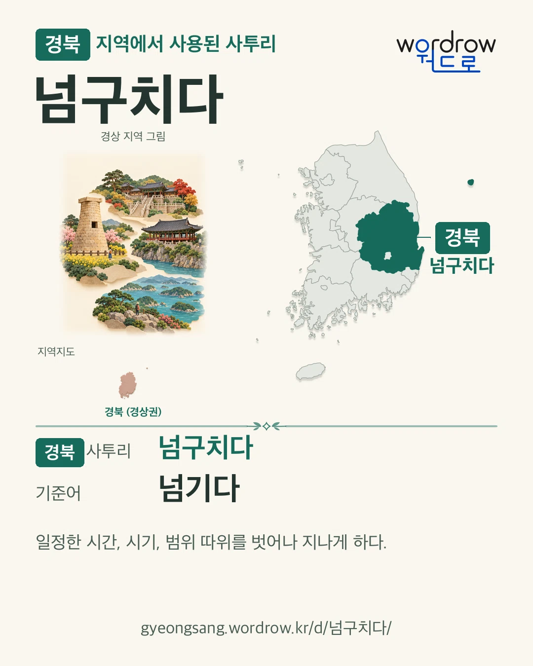 경북 지역에서 사용된 사투리 ‘넘구치다’. 기준어: 넘기다. 기록 지역을 표시한 지역 그림과 지도 카드.