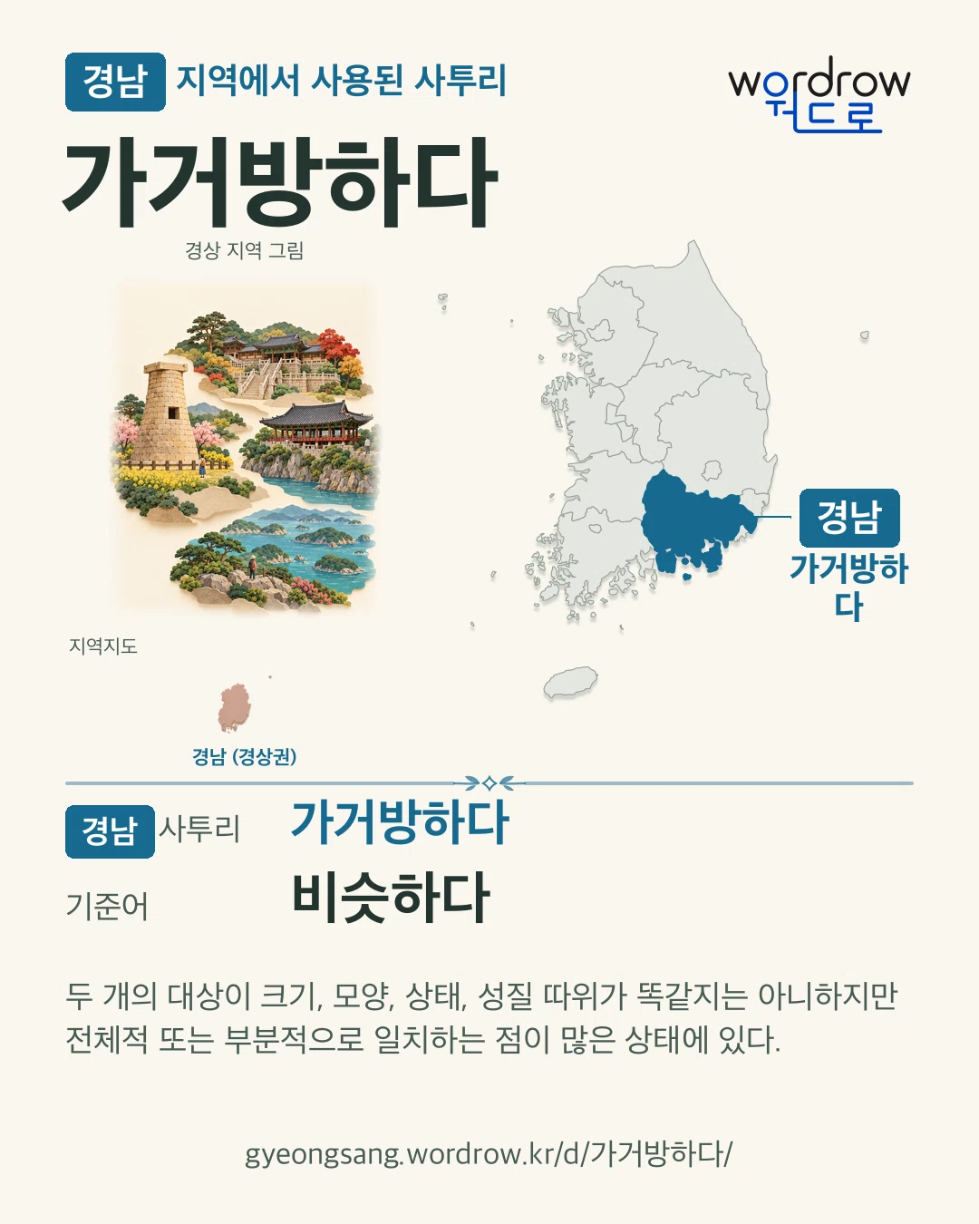 경남 지역에서 사용된 사투리 ‘가거방하다’. 기준어: 비슷하다. 기록 지역을 표시한 지역 그림과 지도 카드.