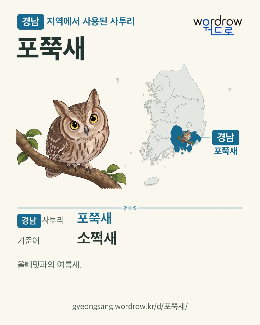 경남 지역에서 사용된 사투리 ‘포쭉새’. 기준어: 소쩍새. 기록 지역을 표시한 카툰 삽화와 지도 카드.