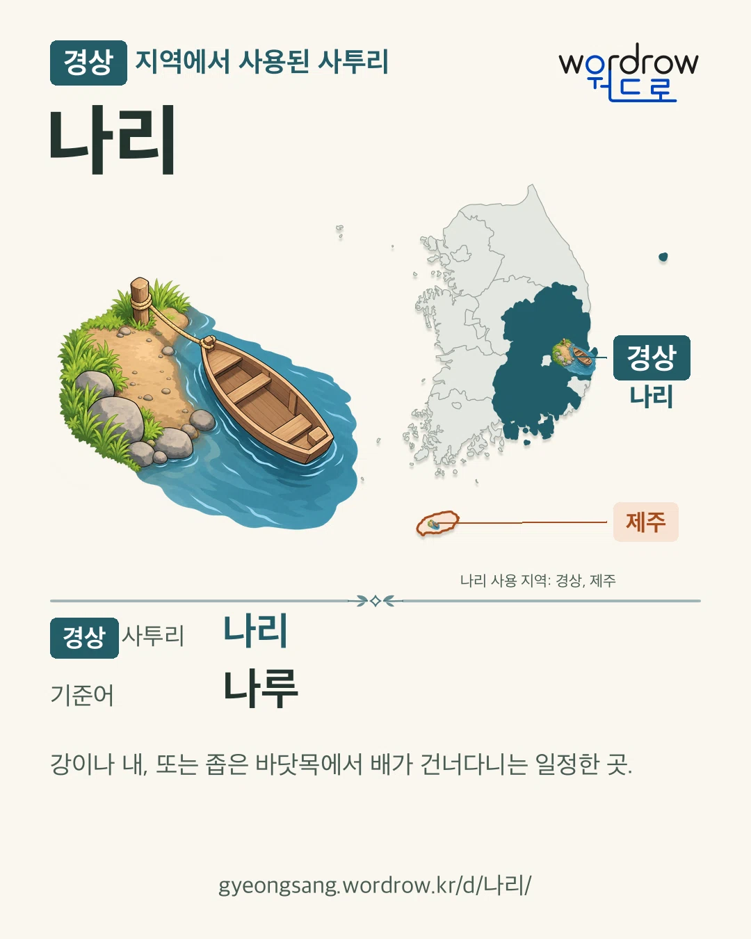 경상 지역에서 사용된 사투리 ‘나리’. 기준어: 나루. 기록 지역을 표시한 카툰 삽화와 지도 카드.