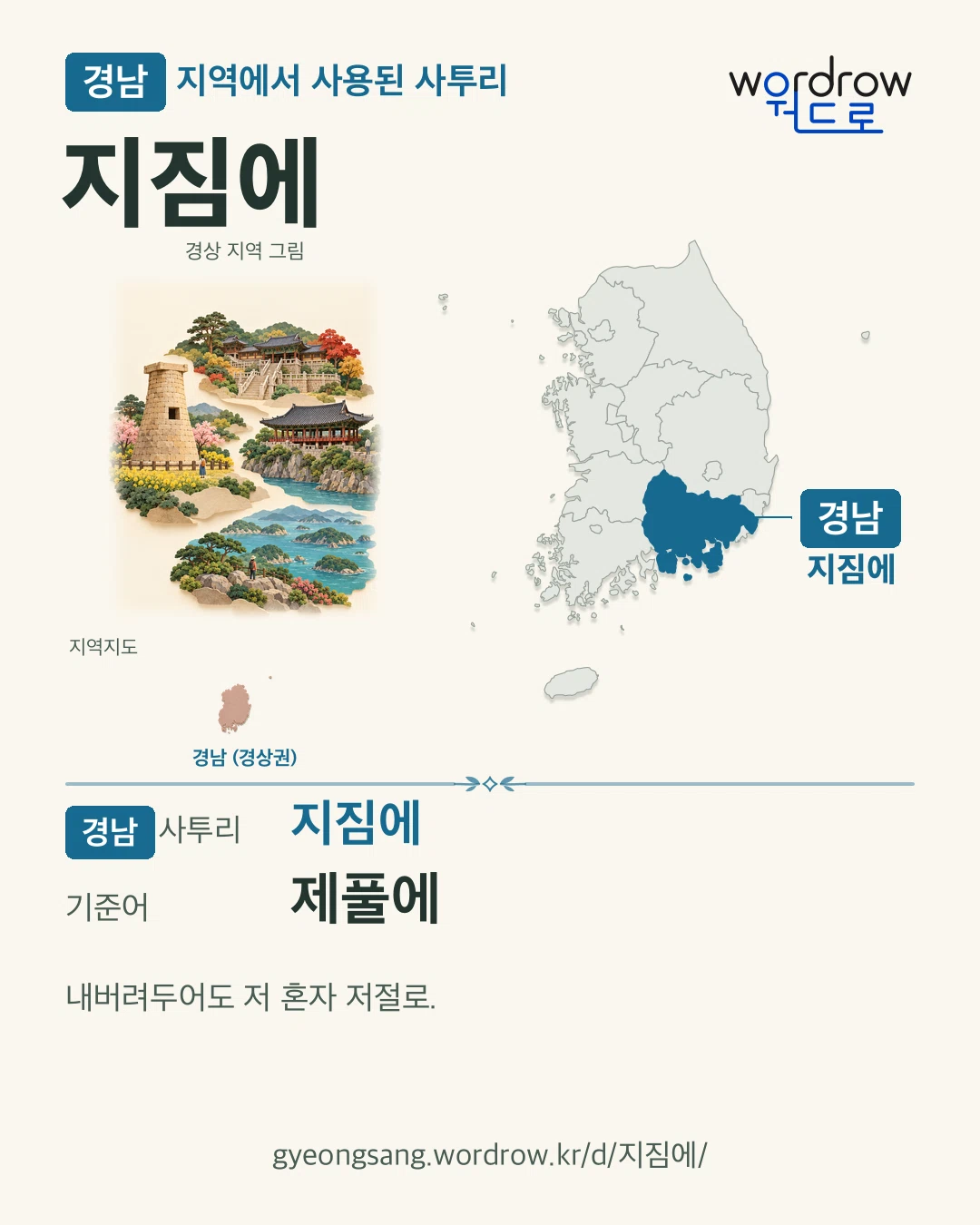 경남 지역에서 사용된 사투리 ‘지짐에’. 기준어: 제풀에. 기록 지역을 표시한 지역 그림과 지도 카드.