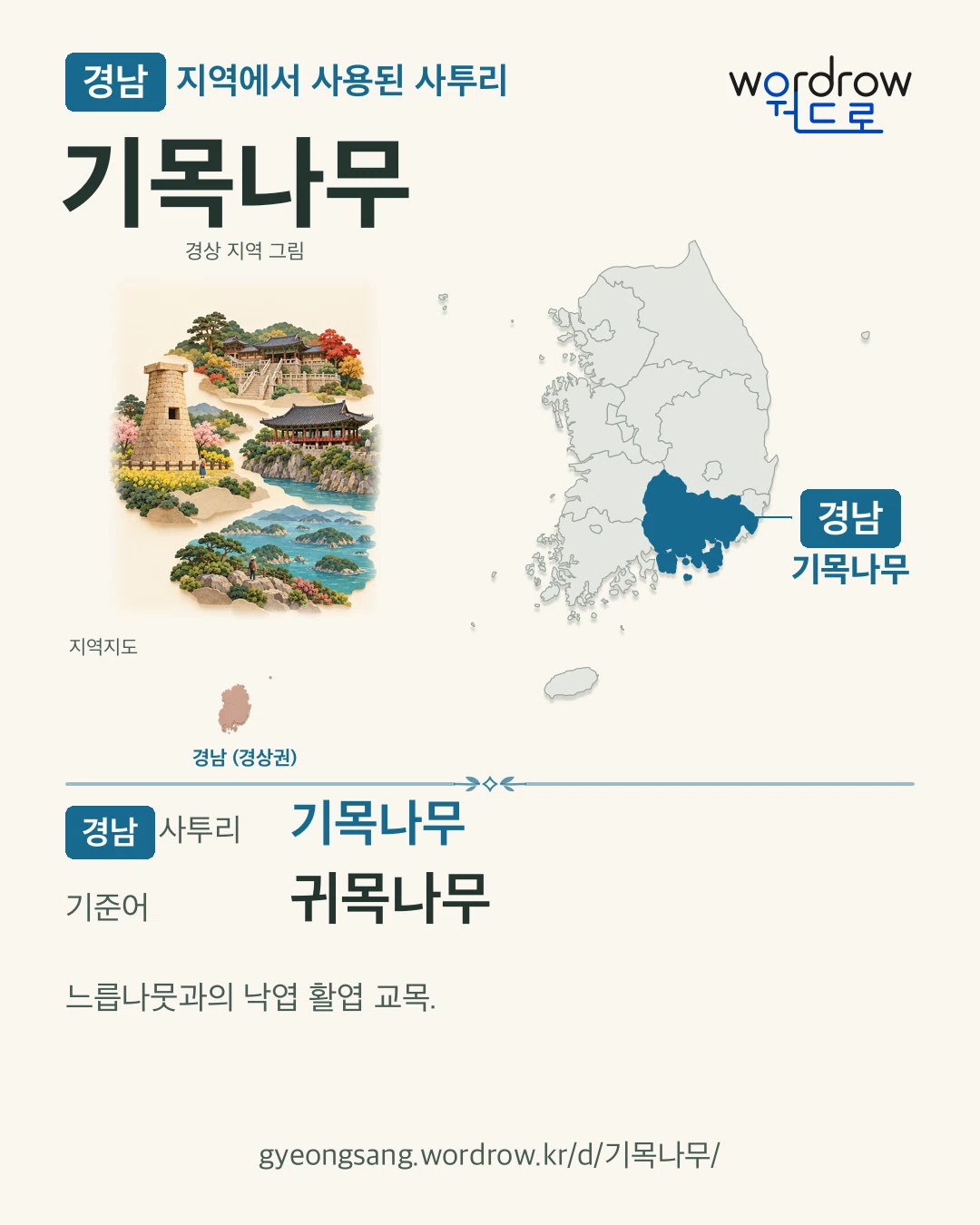 경남 지역에서 사용된 사투리 ‘기목나무’. 기준어: 귀목나무. 기록 지역을 표시한 지역 그림과 지도 카드.