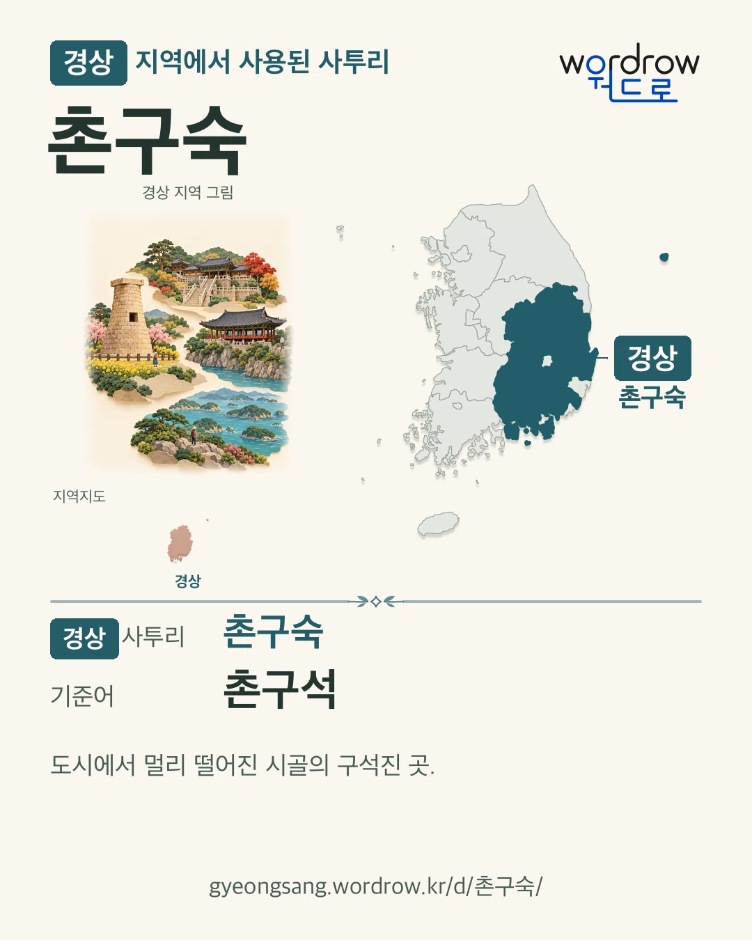 경상 지역에서 사용된 사투리 ‘촌구숙’. 기준어: 촌구석. 기록 지역을 표시한 지역 그림과 지도 카드.