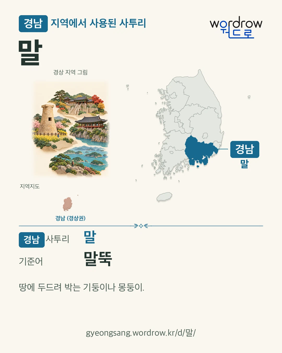 경남 지역에서 사용된 사투리 ‘말’. 기준어: 말뚝. 기록 지역을 표시한 지역 그림과 지도 카드.