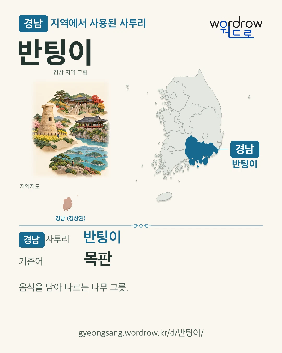 경남 지역에서 사용된 사투리 ‘반팅이’. 기준어: 목판. 기록 지역을 표시한 지역 그림과 지도 카드.