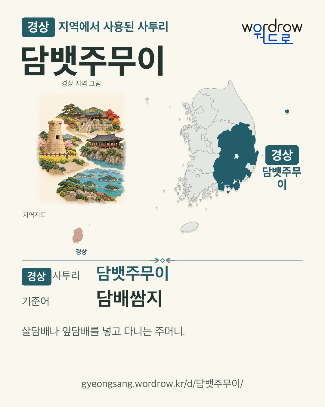 경상 지역에서 사용된 사투리 ‘담뱃주무이’. 기준어: 담배쌈지. 기록 지역을 표시한 지역 그림과 지도 카드.