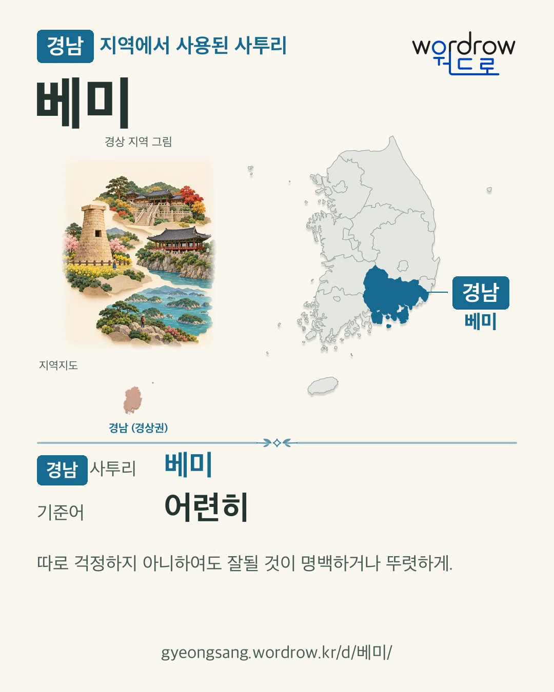 경남 지역에서 사용된 사투리 ‘베미’. 기준어: 어련히. 기록 지역을 표시한 지역 그림과 지도 카드.