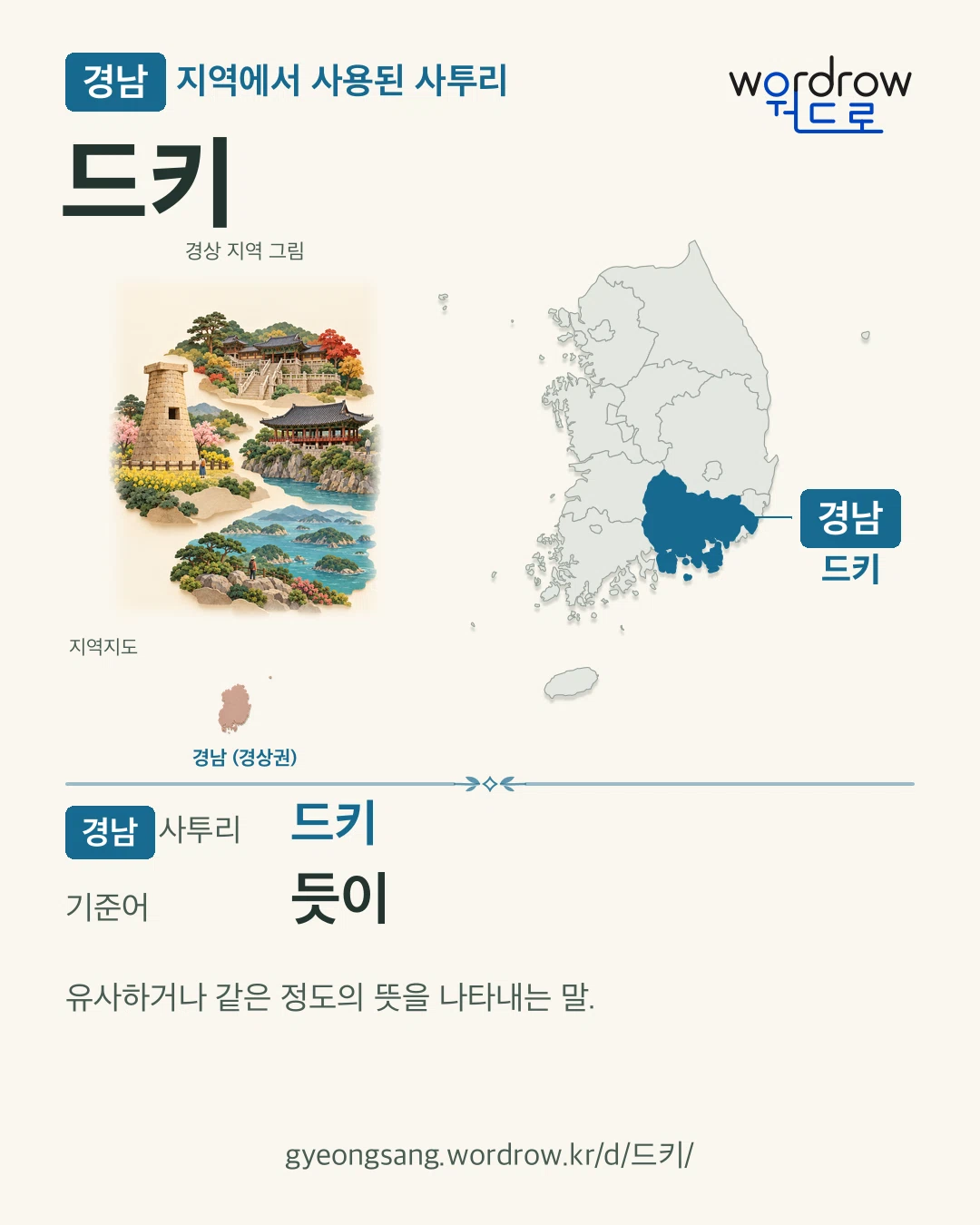 경남 지역에서 사용된 사투리 ‘드키’. 기준어: 듯이. 기록 지역을 표시한 지역 그림과 지도 카드.