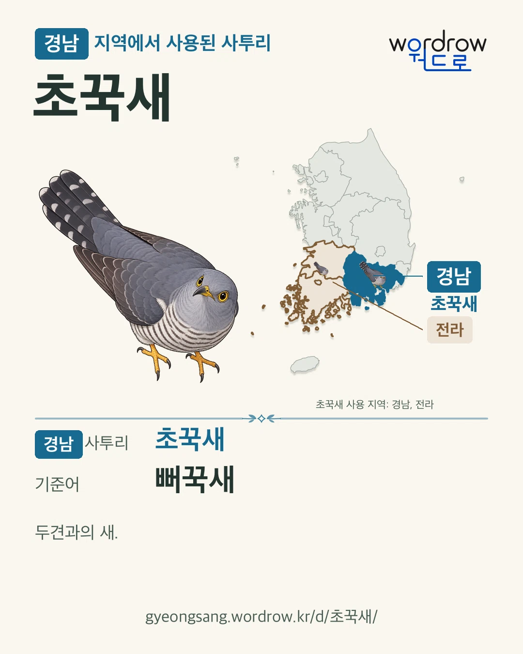 경남 지역에서 사용된 사투리 ‘초꾹새’. 기준어: 뻐꾹새. 기록 지역을 표시한 카툰 삽화와 지도 카드.