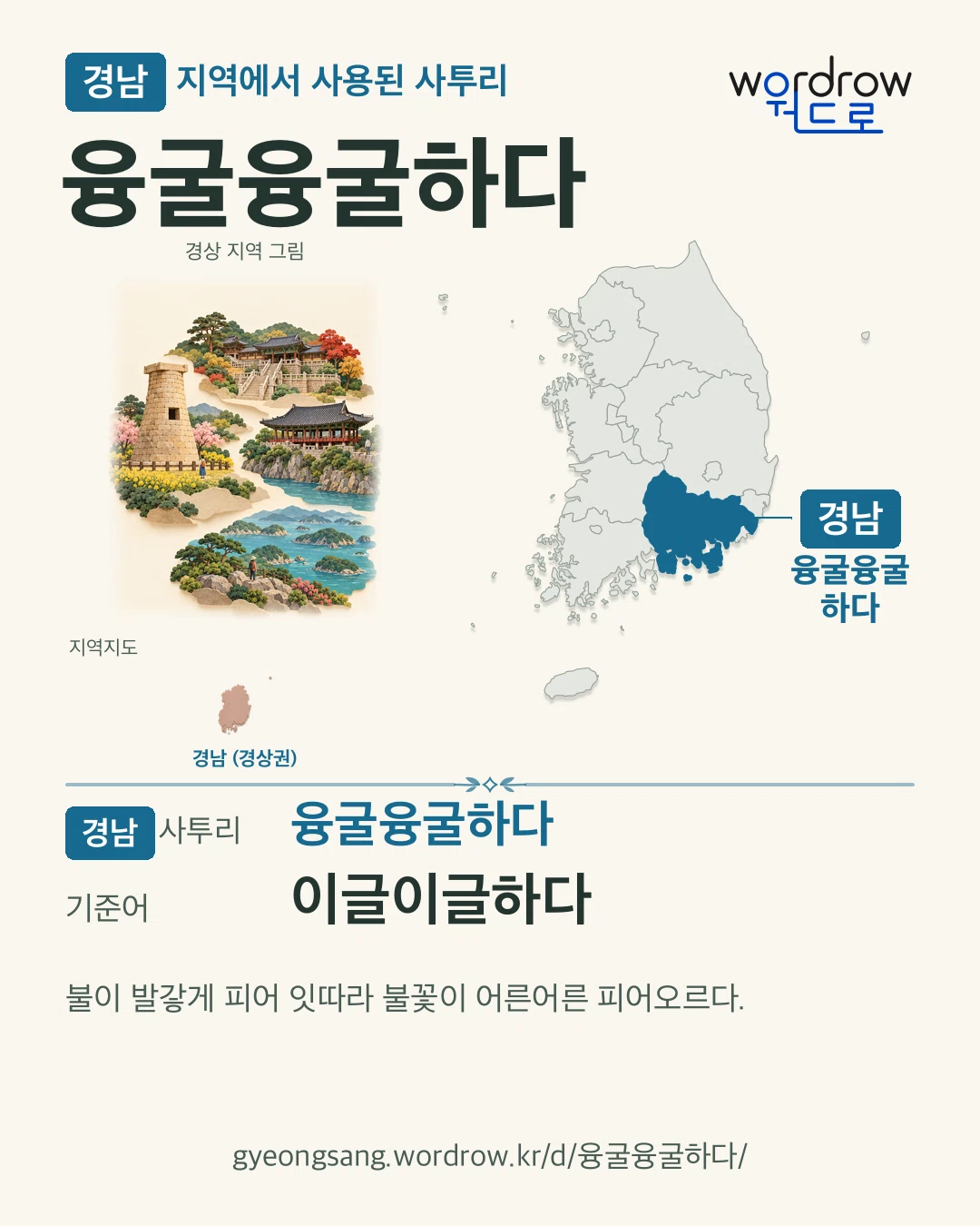 경남 지역에서 사용된 사투리 ‘융굴융굴하다’. 기준어: 이글이글하다. 기록 지역을 표시한 지역 그림과 지도 카드.