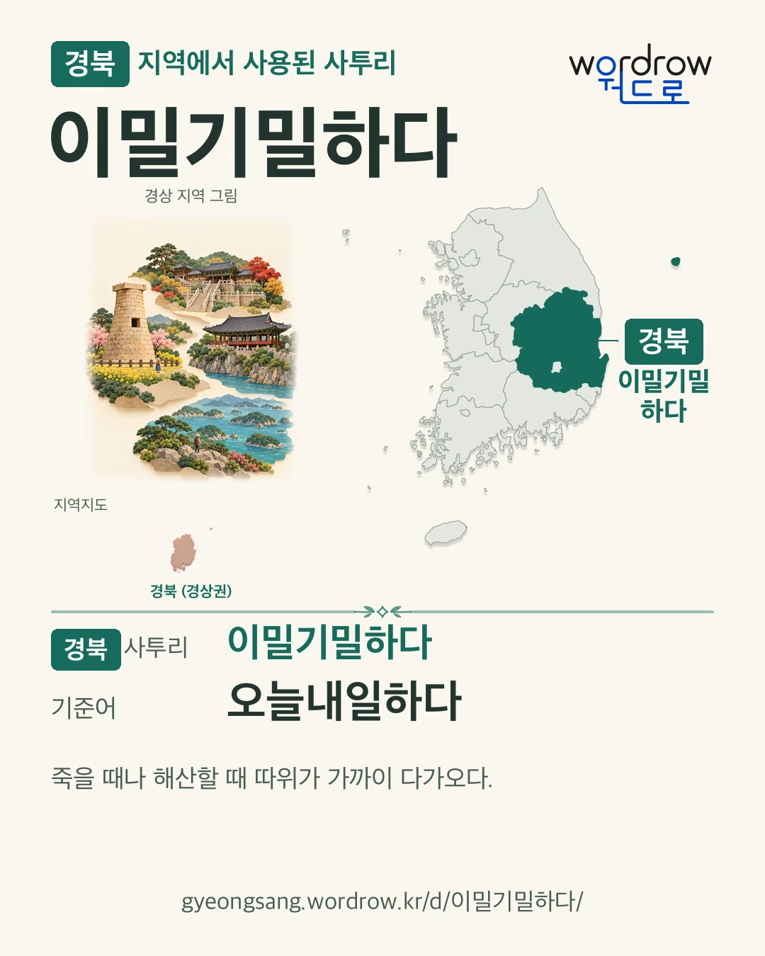 경북 지역에서 사용된 사투리 ‘이밀기밀하다’. 기준어: 오늘내일하다. 기록 지역을 표시한 지역 그림과 지도 카드.