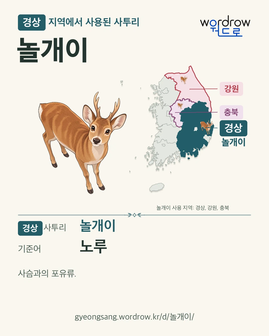 경상 지역에서 사용된 사투리 ‘놀개이’. 기준어: 노루. 기록 지역을 표시한 카툰 삽화와 지도 카드.