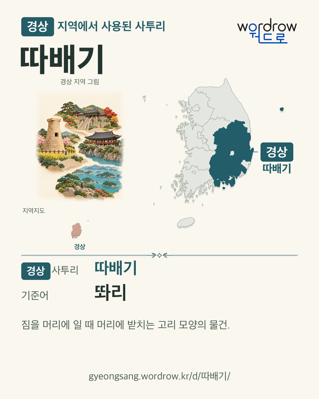 경상 지역에서 사용된 사투리 ‘따배기’. 기준어: 똬리. 기록 지역을 표시한 지역 그림과 지도 카드.