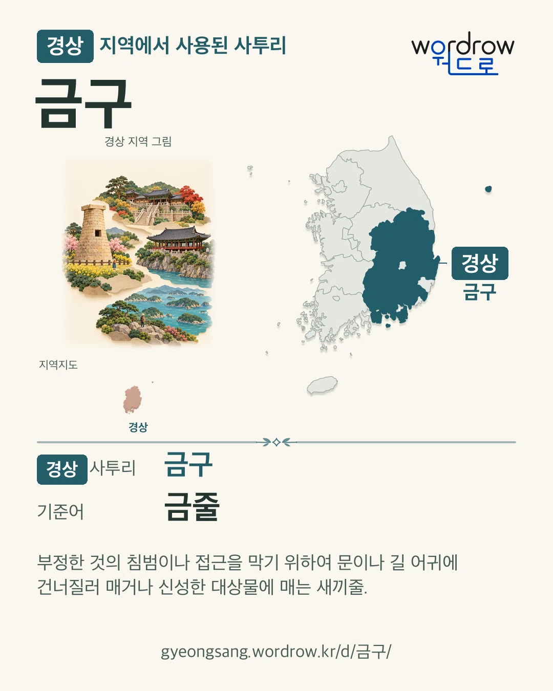 경상 지역에서 사용된 사투리 ‘금구’. 기준어: 금줄. 기록 지역을 표시한 지역 그림과 지도 카드.