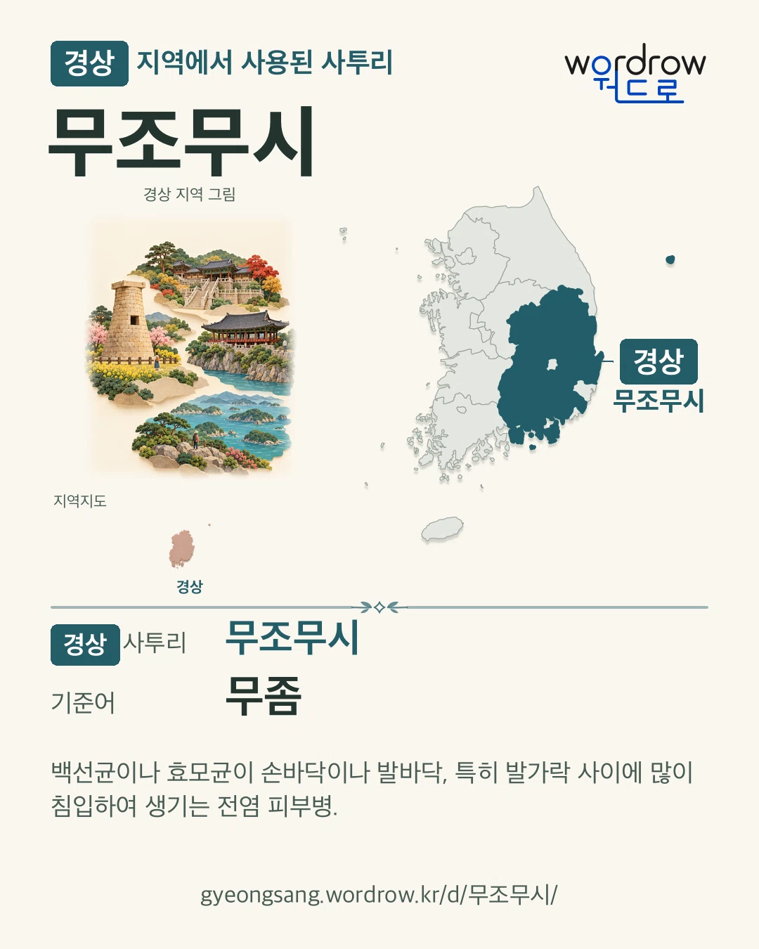 경상 지역에서 사용된 사투리 ‘무조무시’. 기준어: 무좀. 기록 지역을 표시한 지역 그림과 지도 카드.