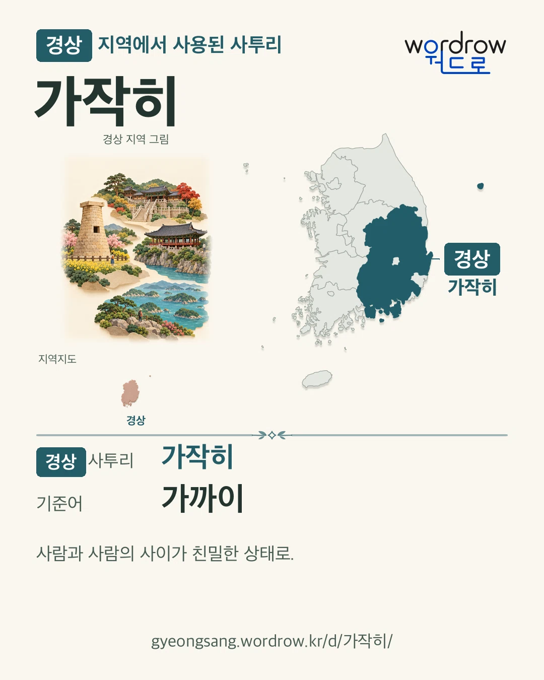 경상 지역에서 사용된 사투리 ‘가작히’. 기준어: 가까이. 기록 지역을 표시한 지역 그림과 지도 카드.