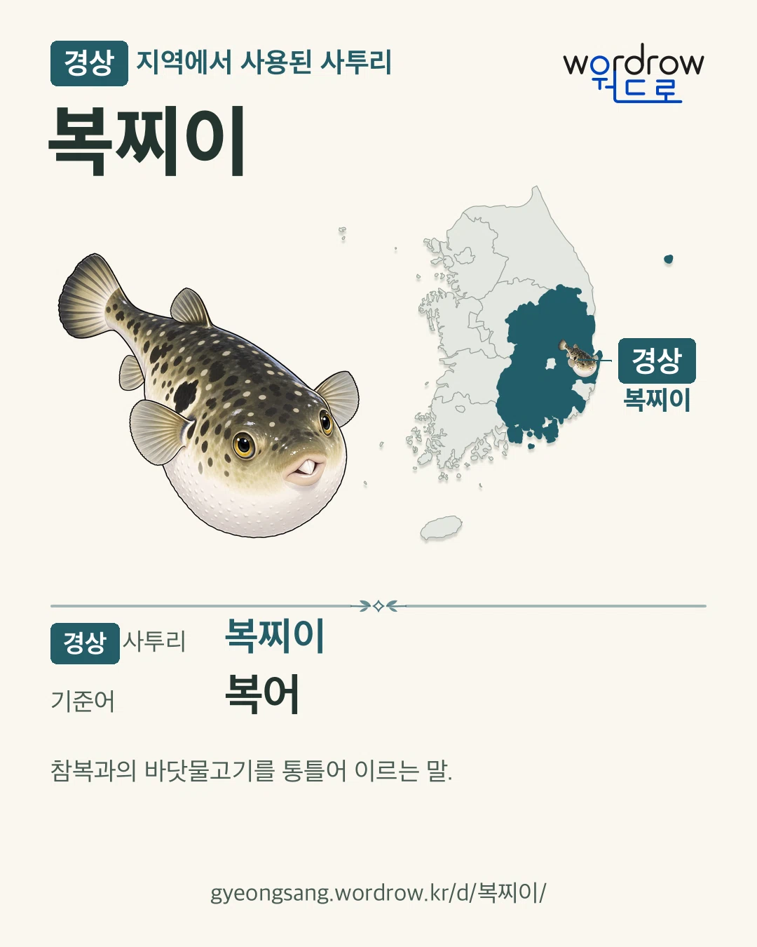 경상 지역에서 사용된 사투리 ‘복찌이’. 기준어: 복어. 기록 지역을 표시한 카툰 삽화와 지도 카드.
