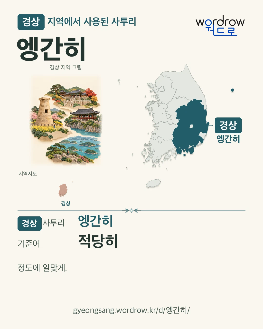 경상 지역에서 사용된 사투리 ‘엥간히’. 기준어: 적당히. 기록 지역을 표시한 지역 그림과 지도 카드.