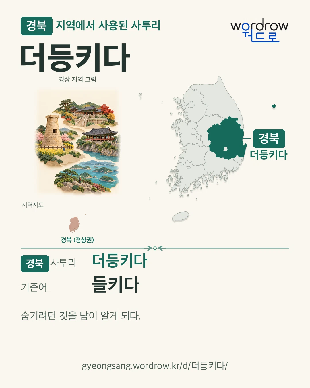 경북 지역에서 사용된 사투리 ‘더등키다’. 기준어: 들키다. 기록 지역을 표시한 지역 그림과 지도 카드.