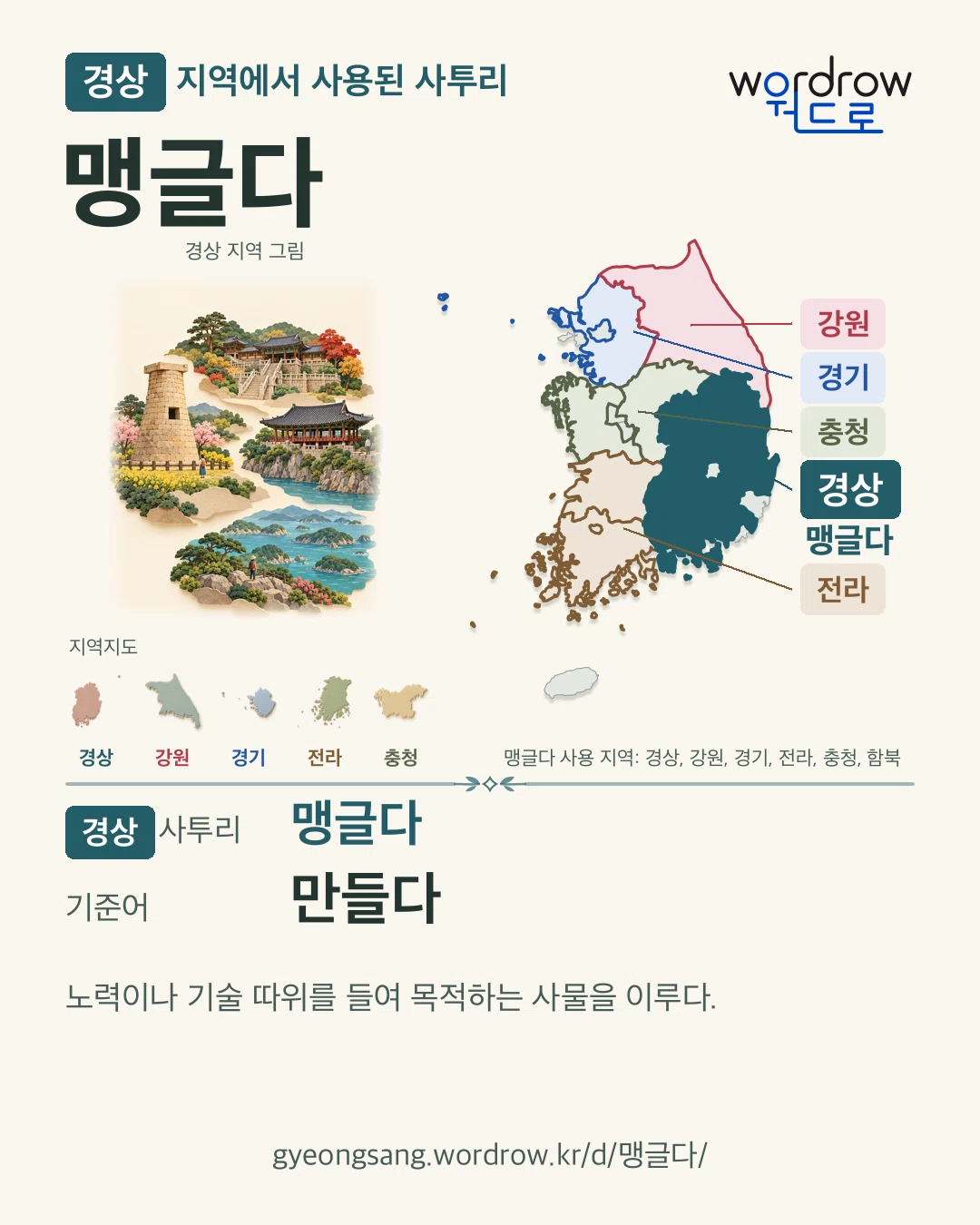 경상 지역에서 사용된 사투리 ‘맹글다’. 기준어: 만들다. 기록 지역을 표시한 지역 그림과 지도 카드.