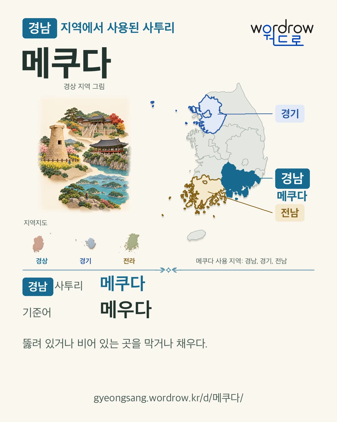 경남 지역에서 사용된 사투리 ‘메쿠다’. 기준어: 메우다. 기록 지역을 표시한 지역 그림과 지도 카드.