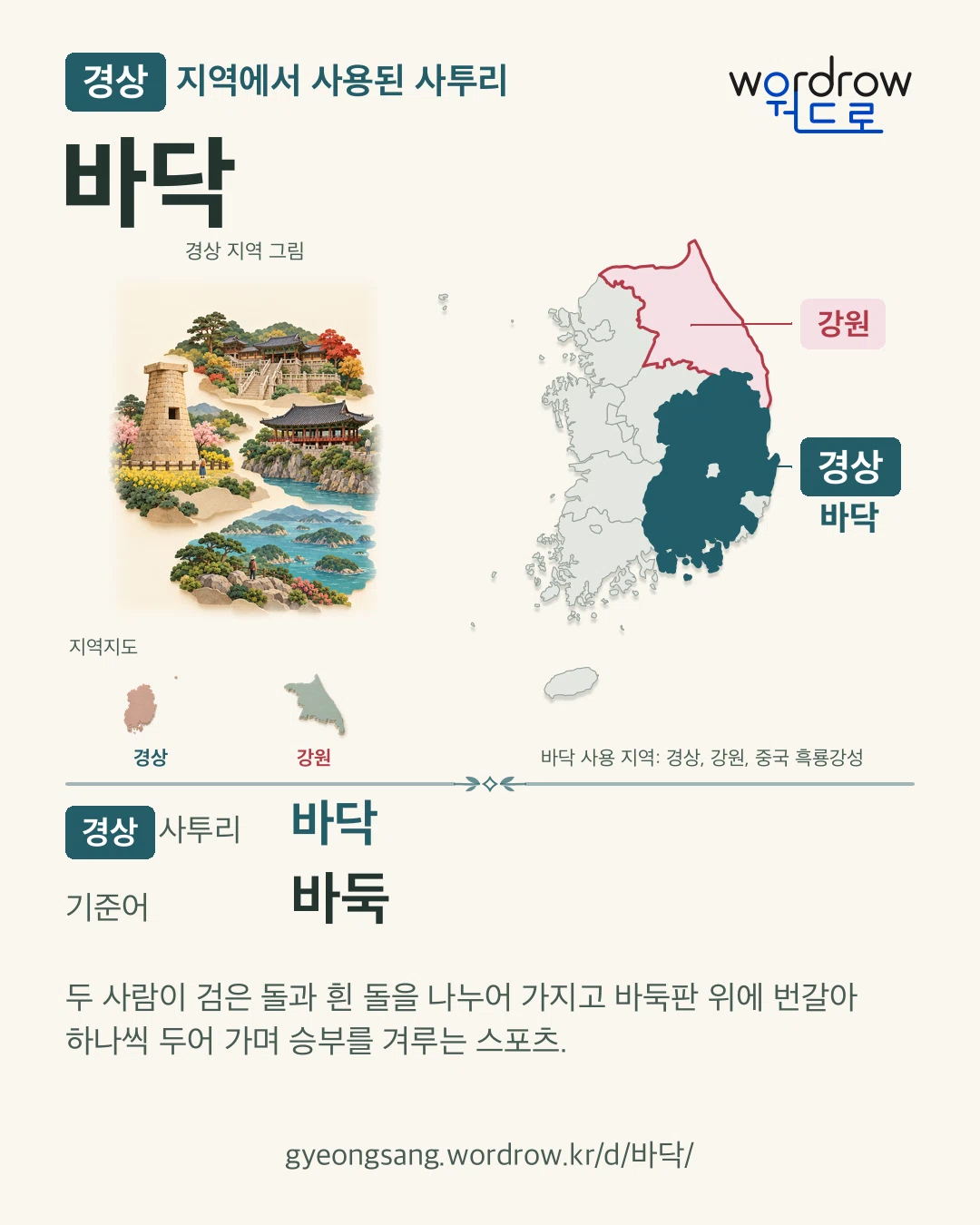경상 지역에서 사용된 사투리 ‘바닥’. 기준어: 바둑. 기록 지역을 표시한 지역 그림과 지도 카드.