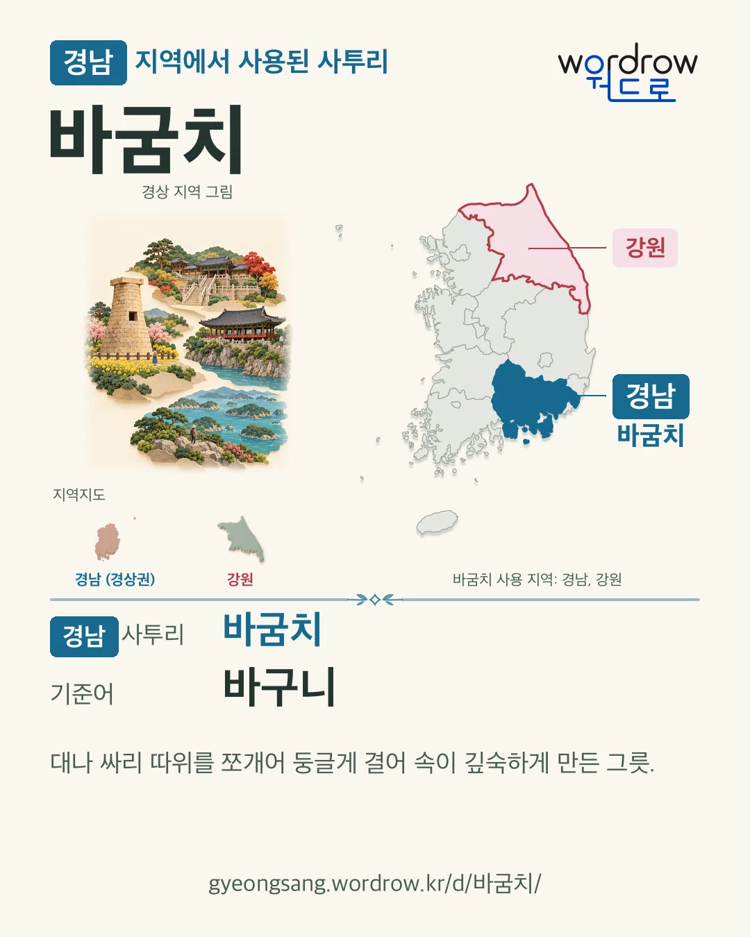 경남 지역에서 사용된 사투리 ‘바굼치’. 기준어: 바구니. 기록 지역을 표시한 지역 그림과 지도 카드.
