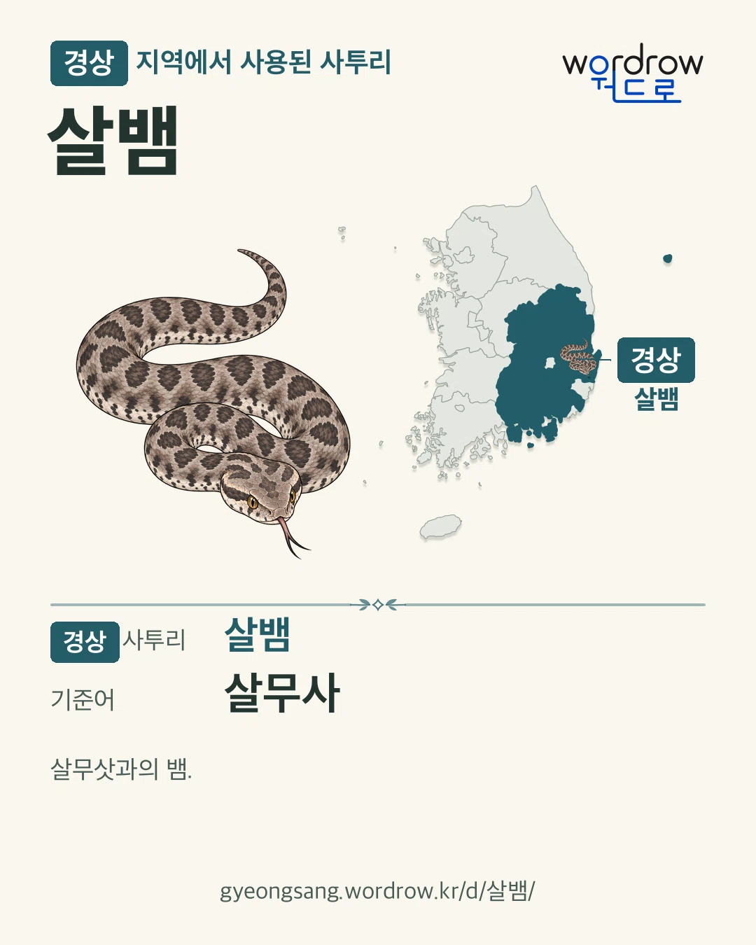 경상 지역에서 사용된 사투리 ‘살뱀’. 기준어: 살무사. 기록 지역을 표시한 카툰 삽화와 지도 카드.