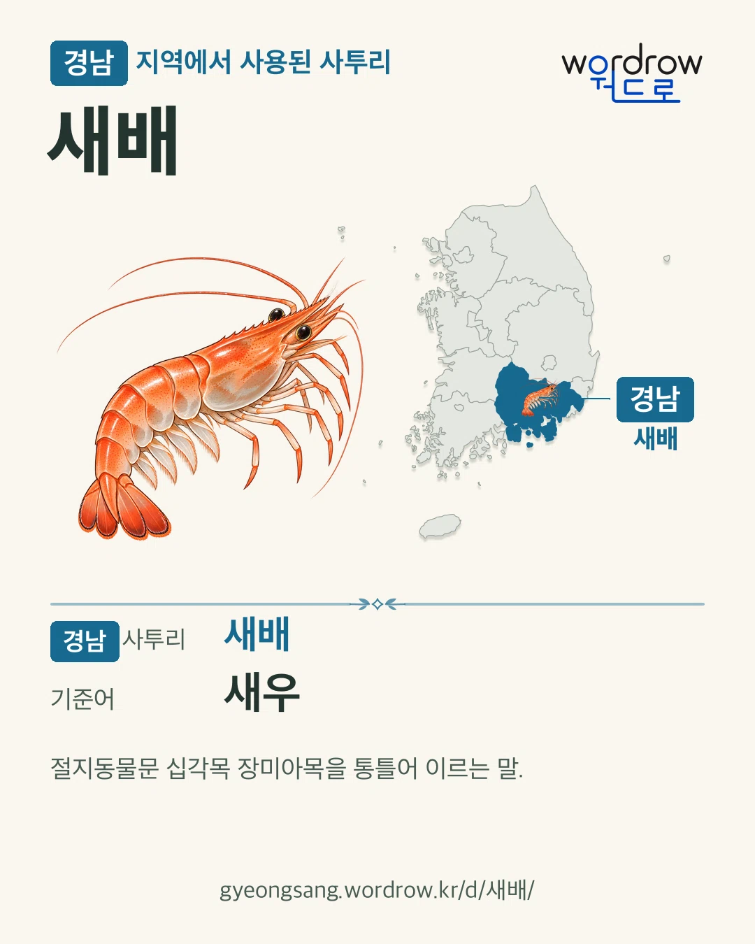 경남 지역에서 사용된 사투리 ‘새배’. 기준어: 새우. 기록 지역을 표시한 카툰 삽화와 지도 카드.