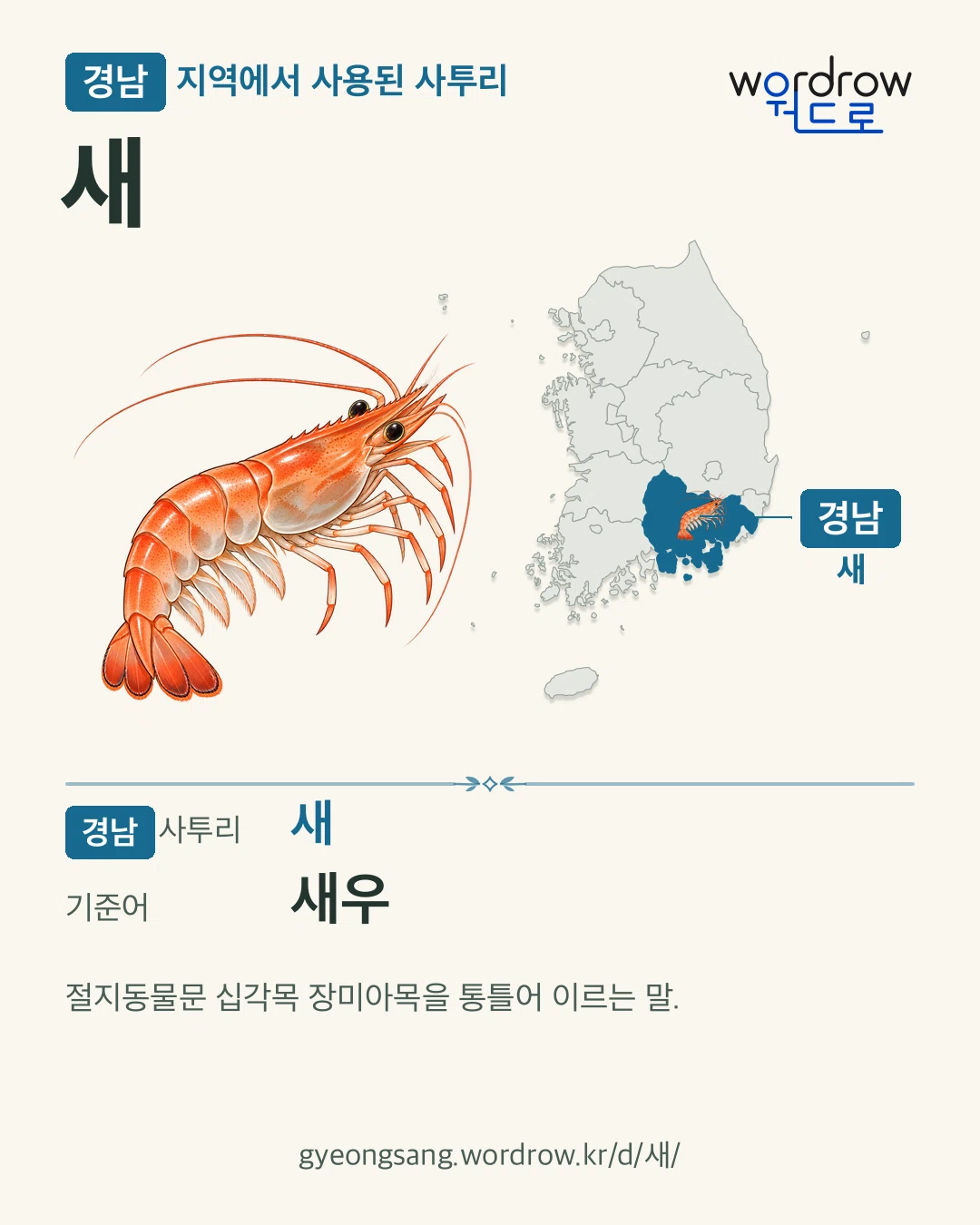 경남 지역에서 사용된 사투리 ‘새’. 기준어: 새우. 기록 지역을 표시한 카툰 삽화와 지도 카드.