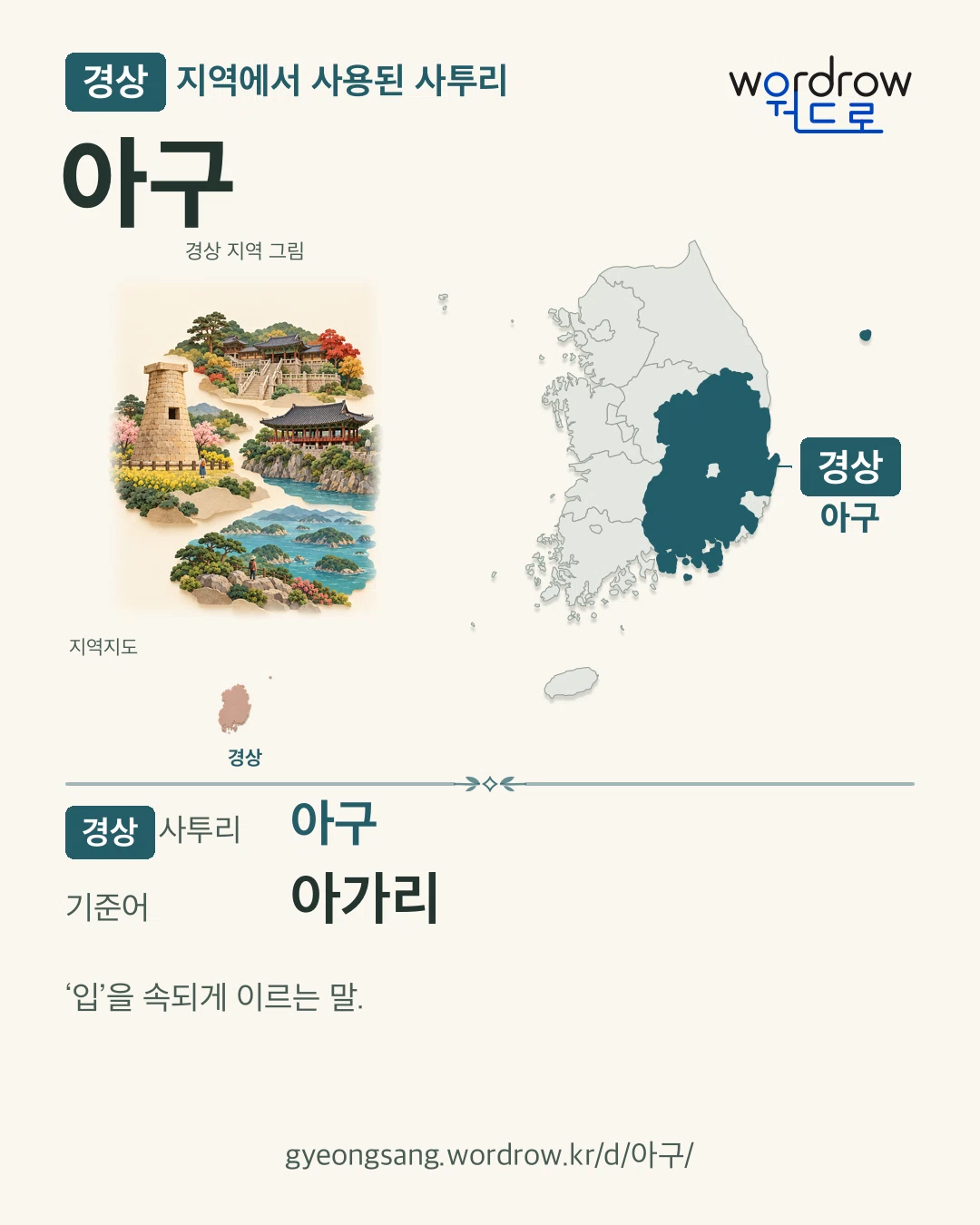 경상 지역에서 사용된 사투리 ‘아구’. 기준어: 아가리. 기록 지역을 표시한 지역 그림과 지도 카드.