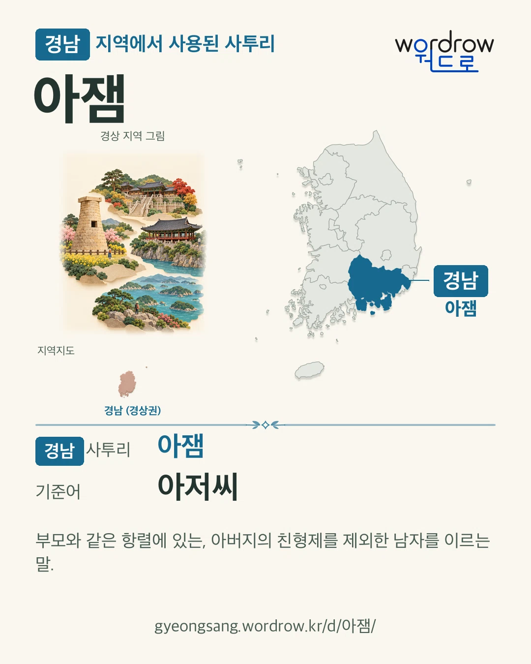 경남 지역에서 사용된 사투리 ‘아잼’. 기준어: 아저씨. 기록 지역을 표시한 지역 그림과 지도 카드.