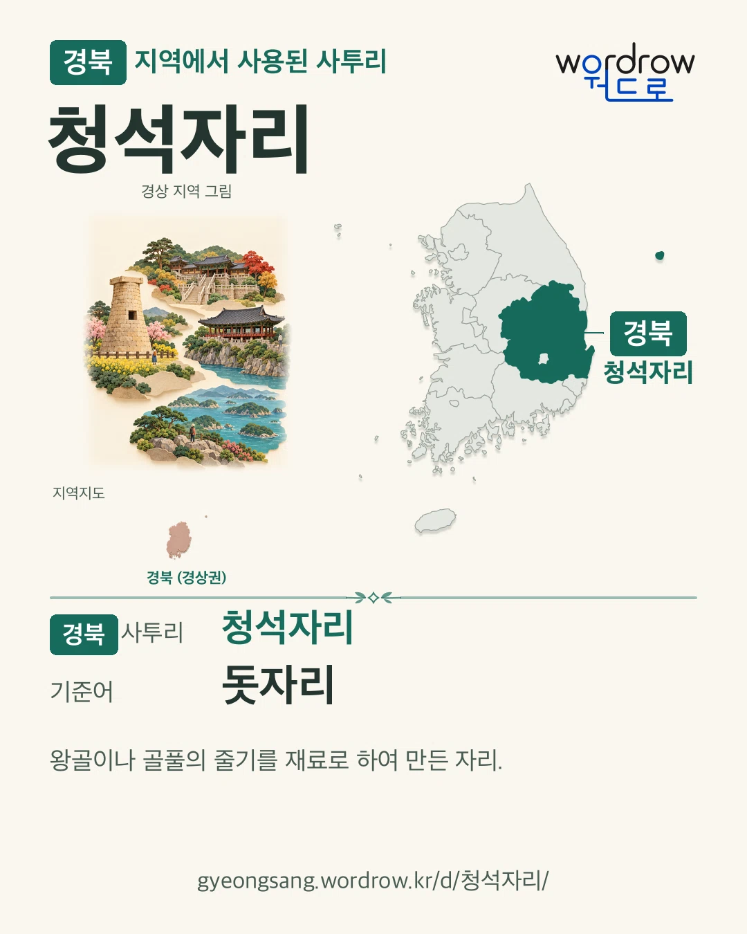 경북 지역에서 사용된 사투리 ‘청석자리’. 기준어: 돗자리. 기록 지역을 표시한 지역 그림과 지도 카드.