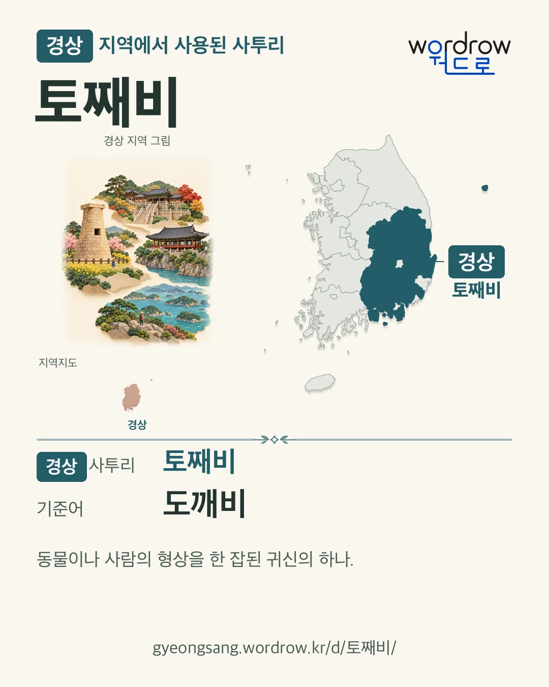 경상 지역에서 사용된 사투리 ‘토째비’. 기준어: 도깨비. 기록 지역을 표시한 지역 그림과 지도 카드.
