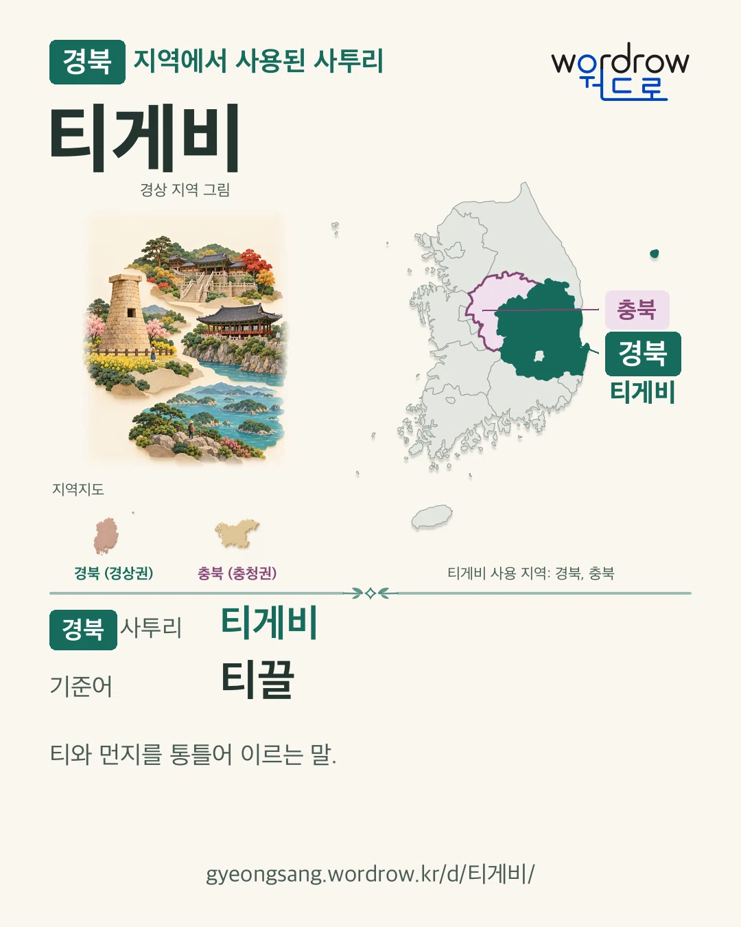 경북 지역에서 사용된 사투리 ‘티게비’. 기준어: 티끌. 기록 지역을 표시한 지역 그림과 지도 카드.