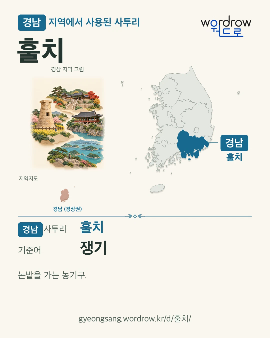 경남 지역에서 사용된 사투리 ‘훌치’. 기준어: 쟁기. 기록 지역을 표시한 지역 그림과 지도 카드.