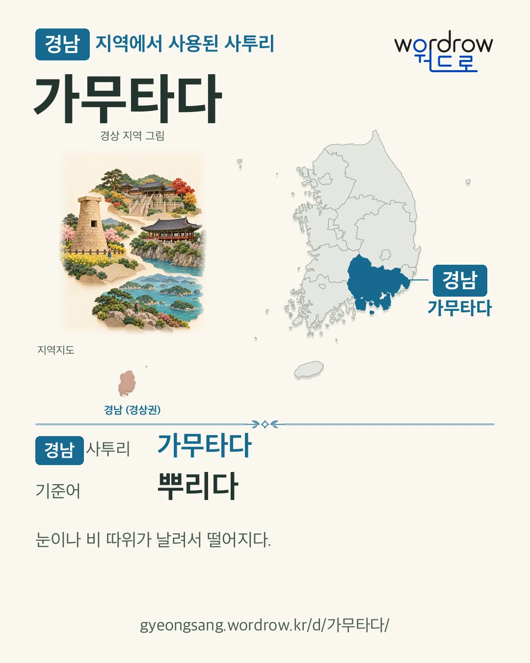 경남 지역에서 사용된 사투리 ‘가무타다’. 기준어: 뿌리다. 기록 지역을 표시한 지역 그림과 지도 카드.