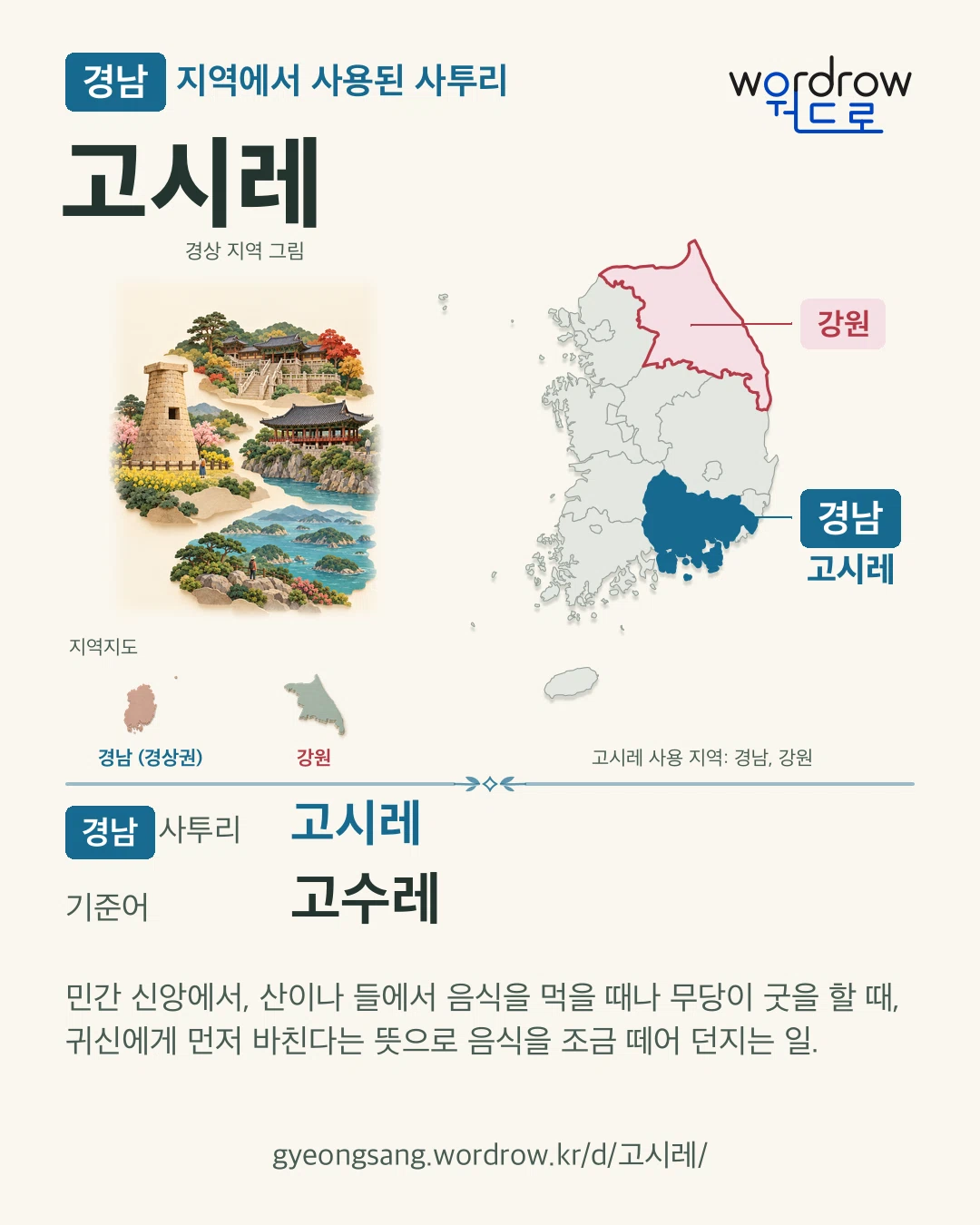 경남 지역에서 사용된 사투리 ‘고시레’. 기준어: 고수레. 기록 지역을 표시한 지역 그림과 지도 카드.