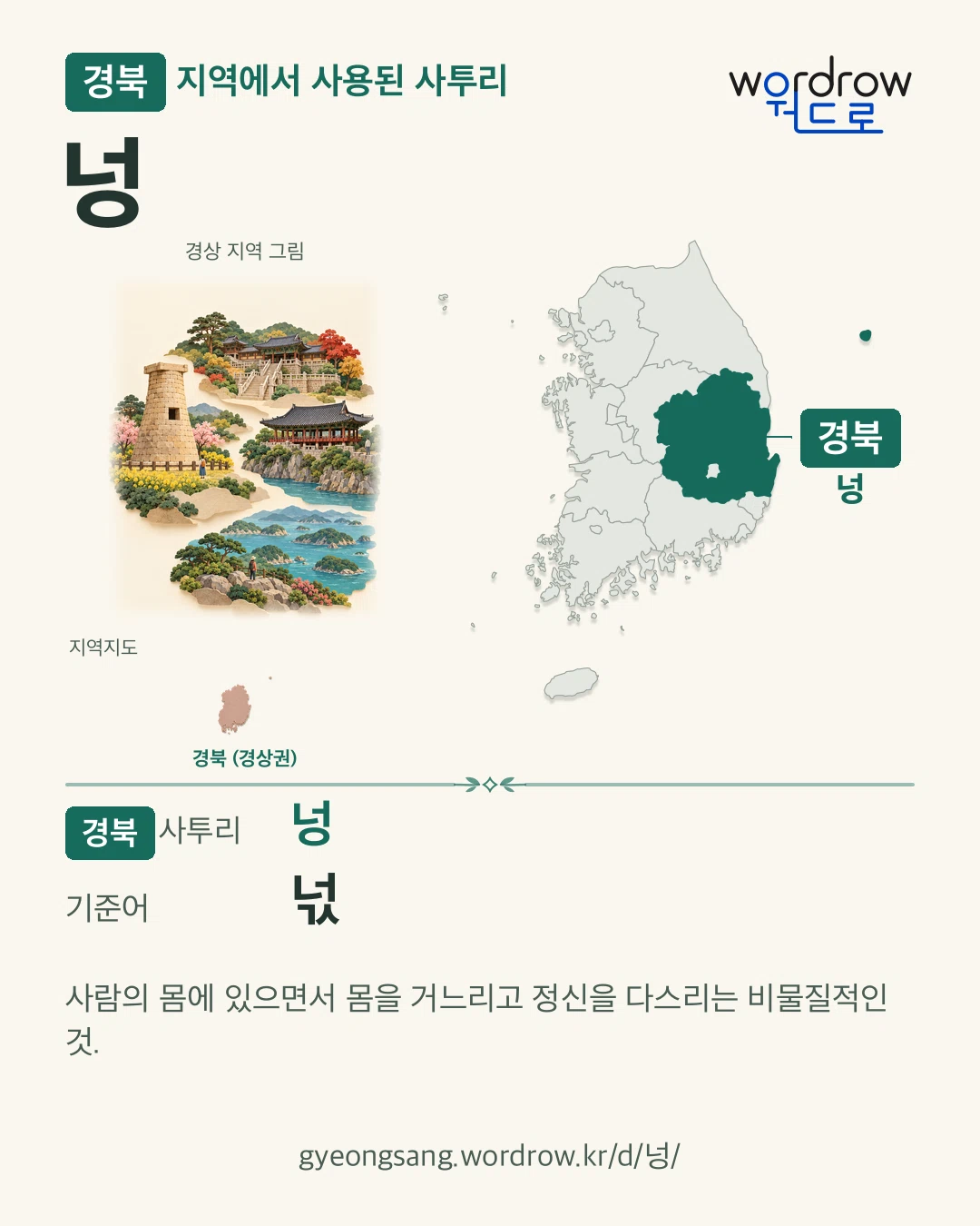 경북 지역에서 사용된 사투리 ‘넝’. 기준어: 넋. 기록 지역을 표시한 지역 그림과 지도 카드.