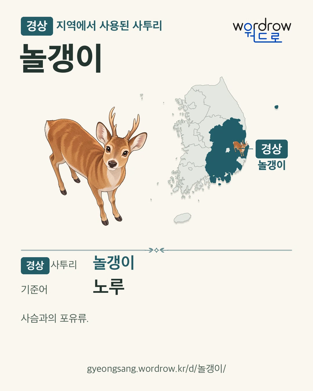 경상 지역에서 사용된 사투리 ‘놀갱이’. 기준어: 노루. 기록 지역을 표시한 카툰 삽화와 지도 카드.