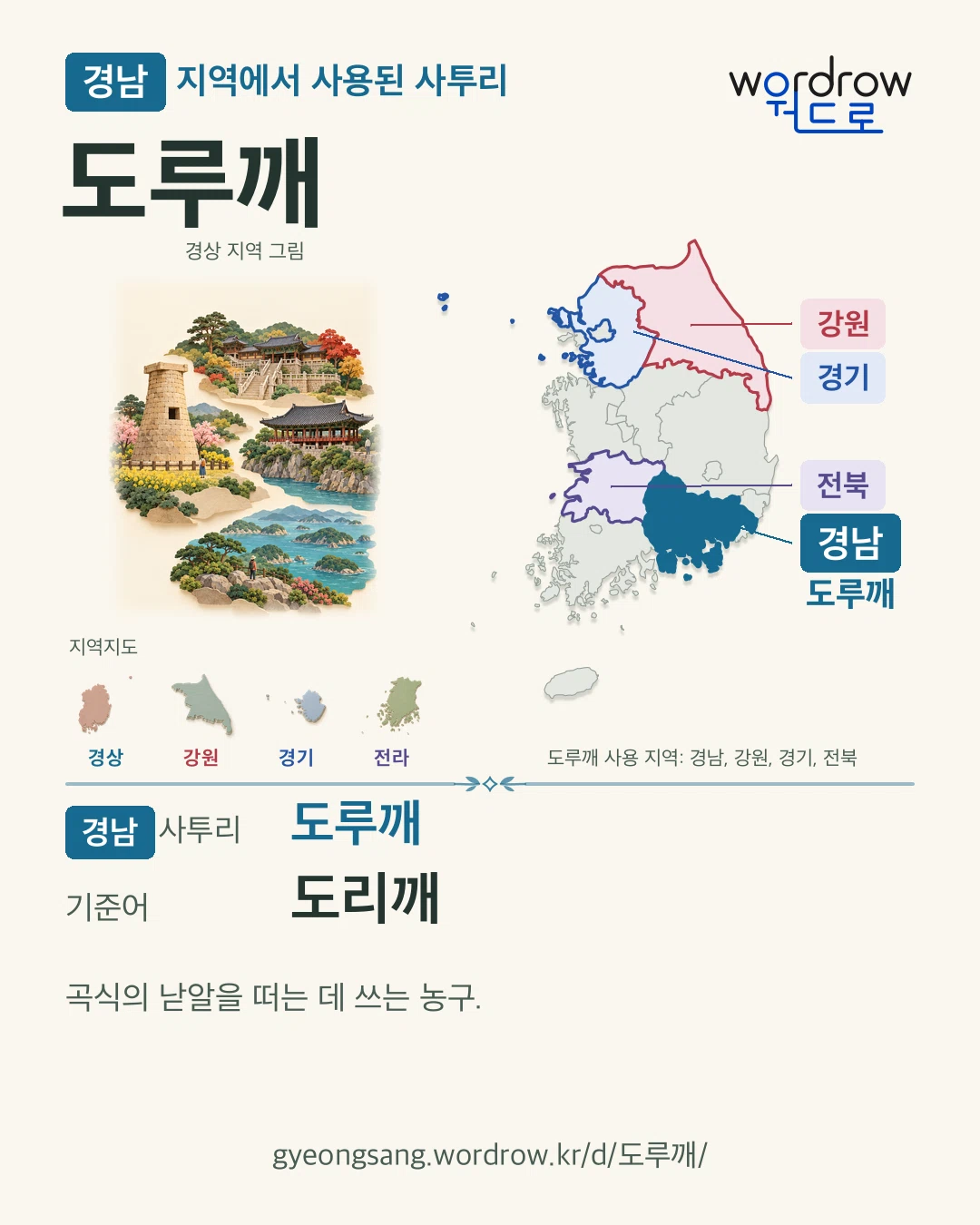 경남 지역에서 사용된 사투리 ‘도루깨’. 기준어: 도리깨. 기록 지역을 표시한 지역 그림과 지도 카드.